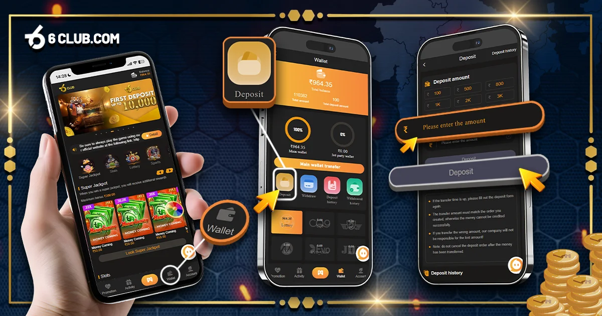 How to Deposit at 6 Club 6Club mobile app interface showing deposit, wallet, and gameplay options.